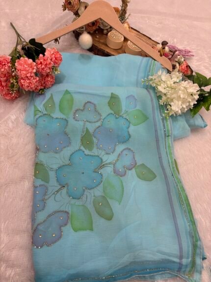 chiffon saree, sky blue saree, festive wear, office wear
