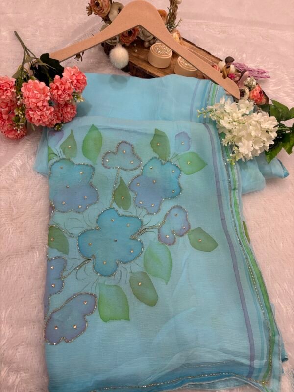 chiffon saree, sky blue saree, festive wear, office wear