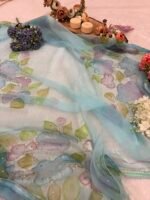 Sky Bloom Pure Chiffon Brush Paint Saree - Image 4