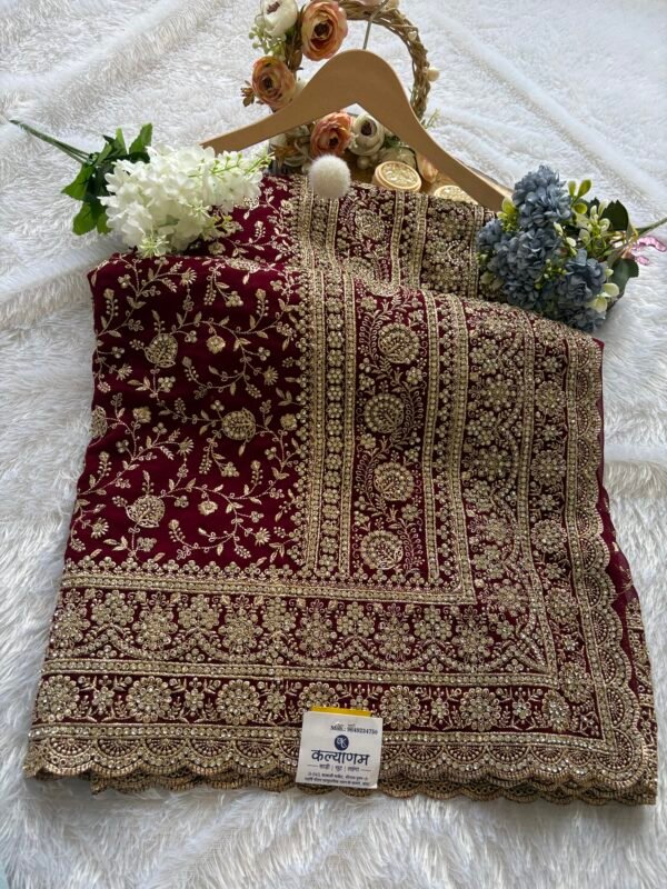 wine saree, bridal saree, wedding wear, festive wear, georgette saree