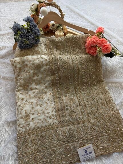 white saree, bridal saree, wedding wear, festive wear, georgette saree