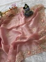 Baby Pink Fendy Silk Saree with Embroidered Border & Dual Blouse Set - Image 3